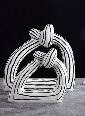 现代北欧黑白抽象手绘绳结陶瓷摆C件 创意极简软装家居样板房饰品