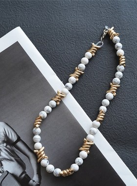 新款荆棘轻奢复古小众ins风格欧美情侣M白松石潮流珍珠金属项链