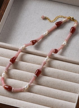 粉澳宝红玛瑙水滴串珠项链女欧美轻奢小众设计高级感度假风锁骨链