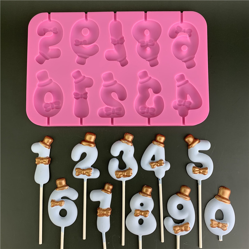 数字棒棒糖模具DIY蝴蝶结礼帽生日蛋糕数字装饰蜡烛巧克力硅胶模-图1