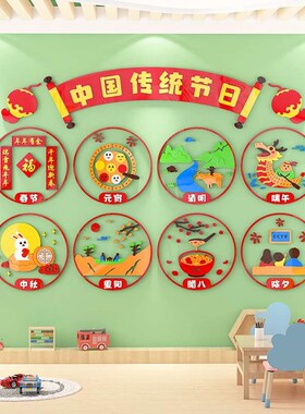 幼儿园中国传统节日墙贴立体走廊元旦布置新年环创主题墙面装饰