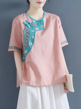 2024夏装新款民族风复古宽松棉麻t恤女汉服改良亚麻斜襟盘扣上衣