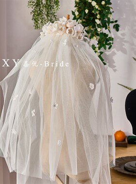 喜优新款超仙手工花朵韩式新娘梦幻蓬蓬头纱婚纱礼服头饰旅拍配饰