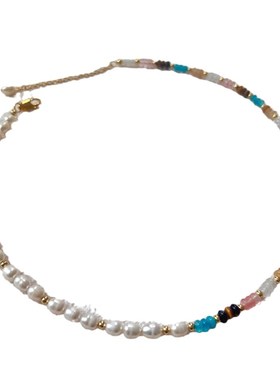 多巴胺彩色天然石淡水珍珠项链女小众颈链波西米亚风串Z珠锁骨链