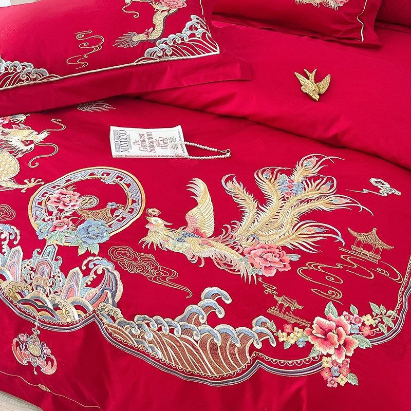龙凤刺绣四件套大红色结婚床上用品中式婚庆全棉秋冬磨毛保暖,淘宝优惠券,粉丝福利购,淘宝优惠卷