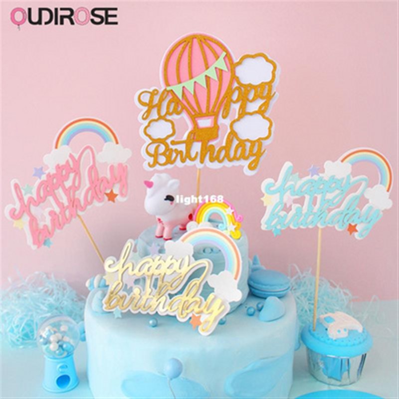 速发Hot air balloon rainbow Cake Toppers Happy Birthday Cake-图2