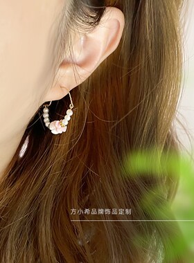 灰月光水晶 珍珠 铃兰玫瑰法式白花朵耳环 女夏复古独.特设计U型
