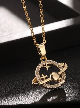 欧美网红ins风行星项链铜微镶彩色锆石个性星球吊坠S镀18K金项链