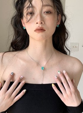 高级感显白珠宝轻奢小众设计感可调节F蓝绿色项链长吊坠锁骨链女