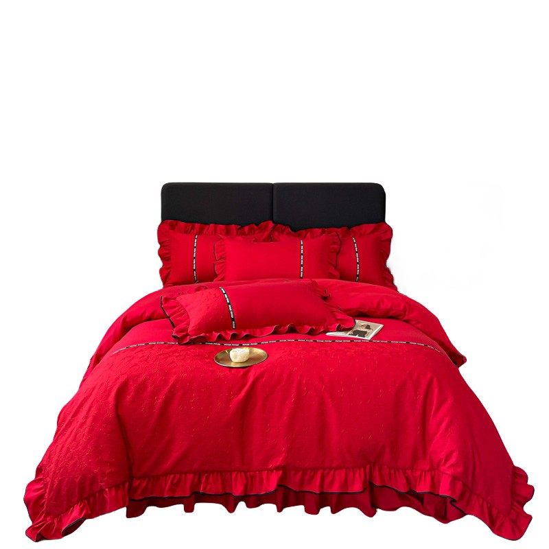 红色婚庆时尚压花撞色织带荷叶边四件套双人婚房简约被套牀单牀笠,淘宝优惠券,粉丝福利购,淘宝优惠卷