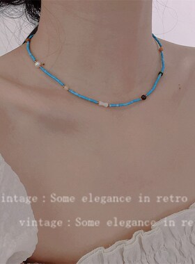 夏日爆款满天星不规则天然u绿松石蓝色锁骨链 轻奢高级感小众项链