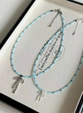 芭蕾少女~蓝色系蝴蝶结串珠项链小众纯K欲风显白高颜值百搭锁骨链