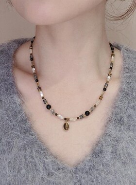 清冷感黑灰色复古天然石串珠项链女小众高级感毛衣链装饰配饰