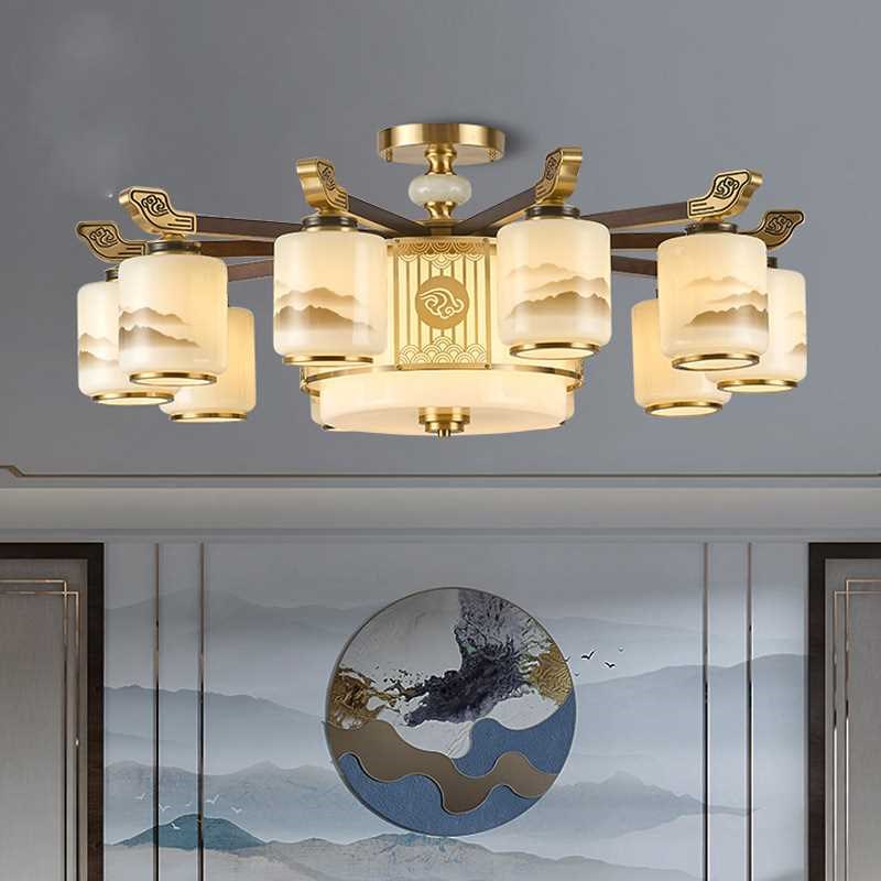 新中式复式楼客厅大吊灯全铜实木大气别墅中空挑高楼中楼梯大厅灯 - 图2