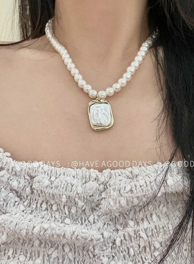 法式复古方形不规则珍珠项链气质锁骨链小众设计感甜美颈链个性女