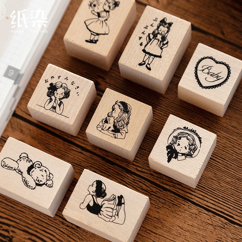 新品Vintage Cartoon Girl Diary Bear Wood Stamp DIY Craft Woo-图2