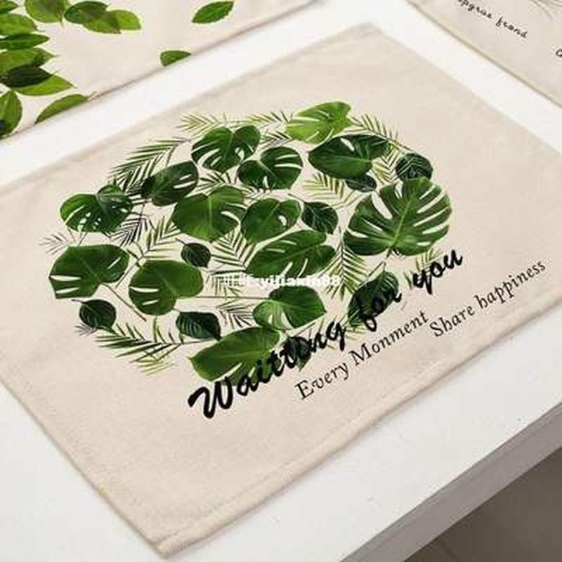 推荐4Pcs/set Green Plants Linen Table Mat Square Wesn Bowl P - 图2