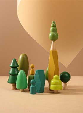 北欧木质森林小树摆件树木房子积木彩虹绿色小房子石头微景观
