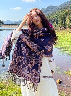 民族风披肩女新疆西藏旅游拍照穿外搭川西斗篷两用围巾女冬季厚款