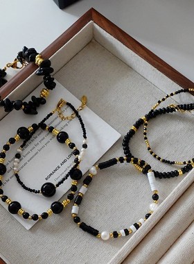 黑色天然石手链女2024年新款手工串珠高级感珍珠手饰叠戴情侣手串