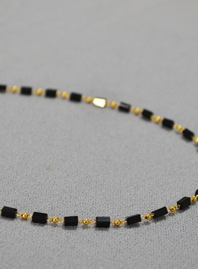 韩版优雅a黑色方晶金珠间隔串珠黄铜镀金简约细巧气质项链锁骨链