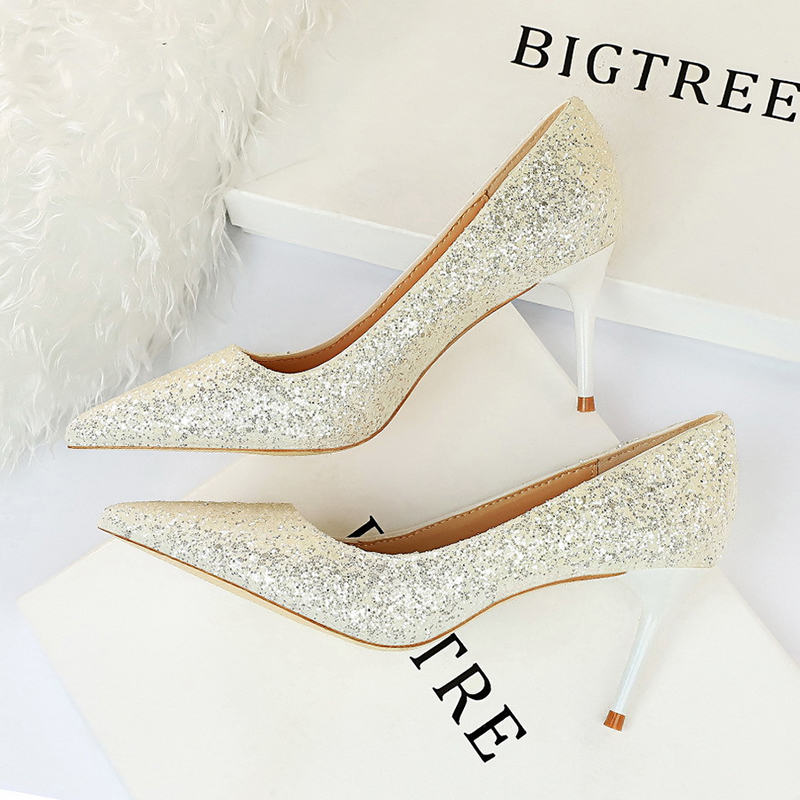 速发New Women Pumps High Thin Heels Pointed Toe Metal Decora - 图3