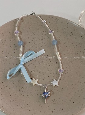 韩国新款蓝色蝴蝶结五角星星v粉色串珠项链 甜美珍珠锁骨链项饰女