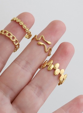 高品质!不掉色镀18K金花朵小蛇锁链椭圆开口可调节戒指2022年潮