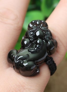 黑曜石戒指女黑曜石扳指把玩墨翠男戒指设计感高级男招财貔貅戒指