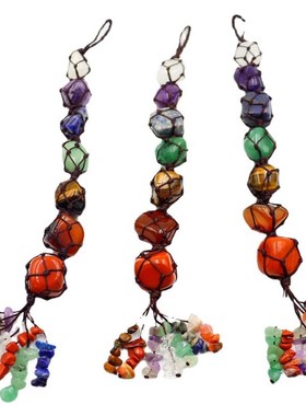 天然石头七彩石车挂 彩虹瑜伽流苏吊坠挂件饰P品手工编织室内摆件