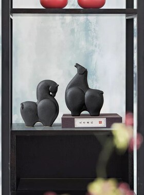 艺贝子新中式禅意陶瓷黑白瓷马摆件工艺品办公室样板间软装饰品