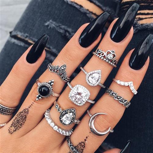 推荐Vintage Women Crystal Finger Knuckle Rings Set For Girls - 图0