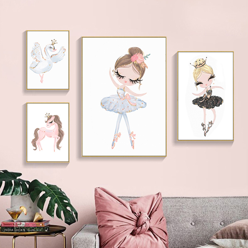 女儿房粉红色少女公主装饰画儿童房女孩卧室床头卡通挂画房间壁画