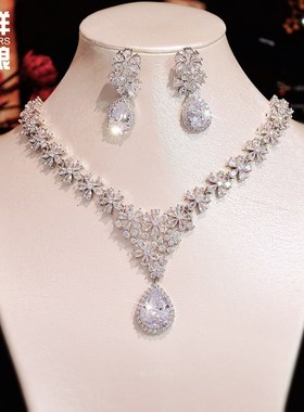 奢华锆石微镶花朵项m链耳环新娘套装饰品婚纱礼服配饰晚宴首饰耳