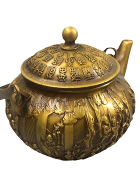 仿古纯铜百子祝寿茶壶家居办公室工艺品创意手把件百子提壶水滴壶