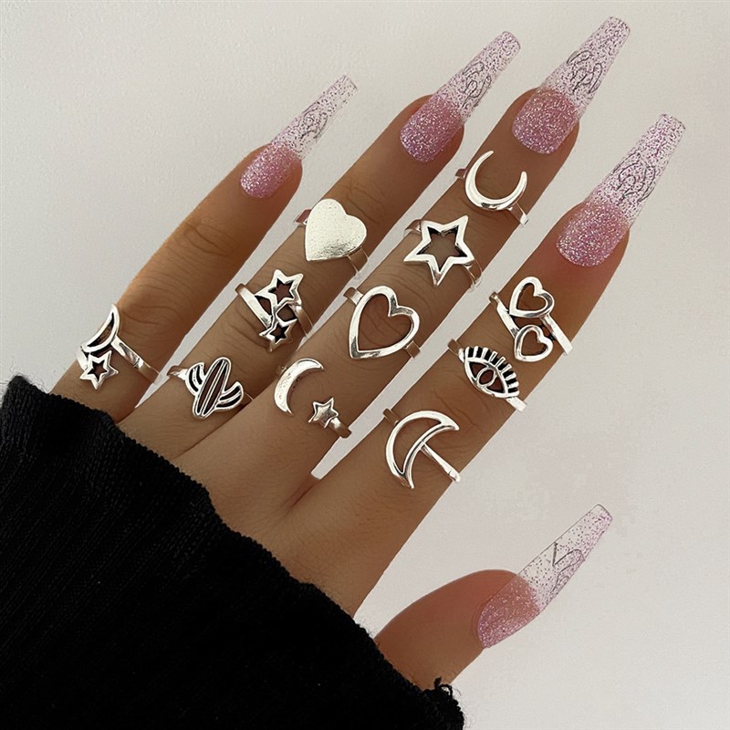 网红Love Star Moon Cactus Eyes Bohemian Ring Set Teen Girls - 图0