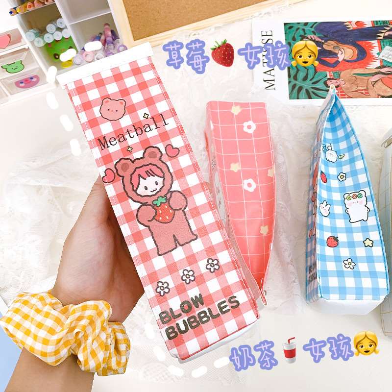 新品Cartoon plaid ilk pencil case cute large-capacity storag - 图0