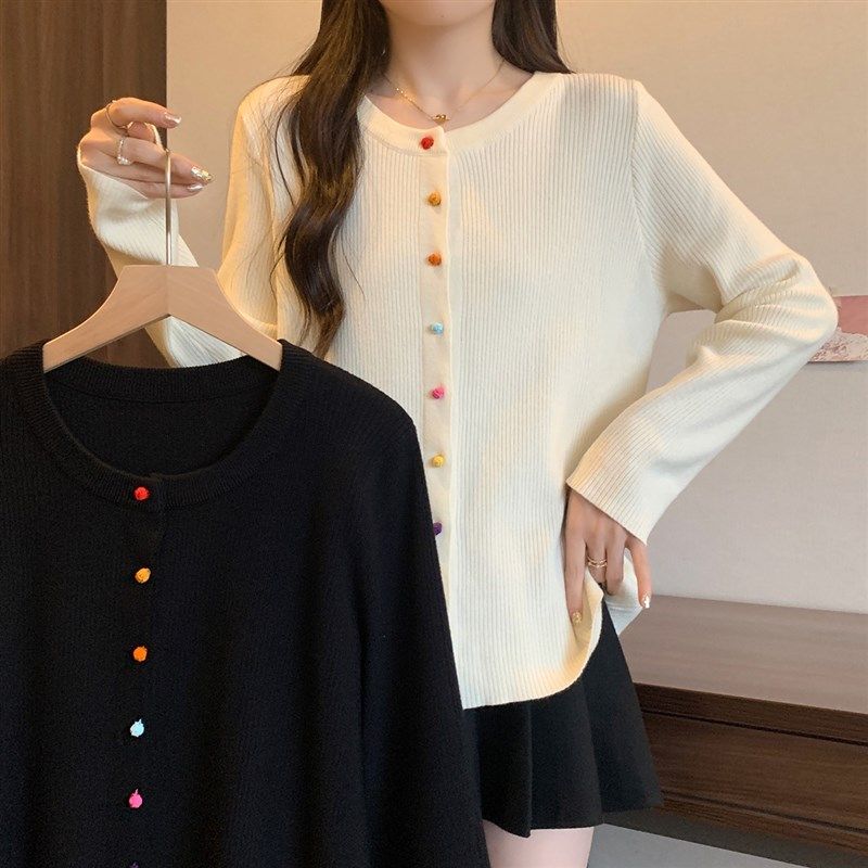 秋季大码女装洋气小众别致彩色纽扣针织开衫正肩显瘦毛衣内搭上衣,淘宝优惠券,粉丝福利购,淘宝优惠卷
