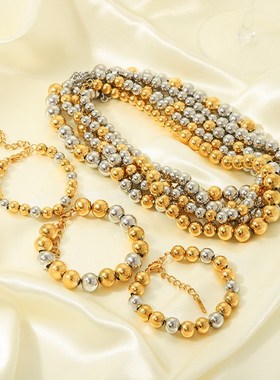 INS时尚简约不锈钢串珠项链x18K镀金不掉色高级感手链钛钢饰品