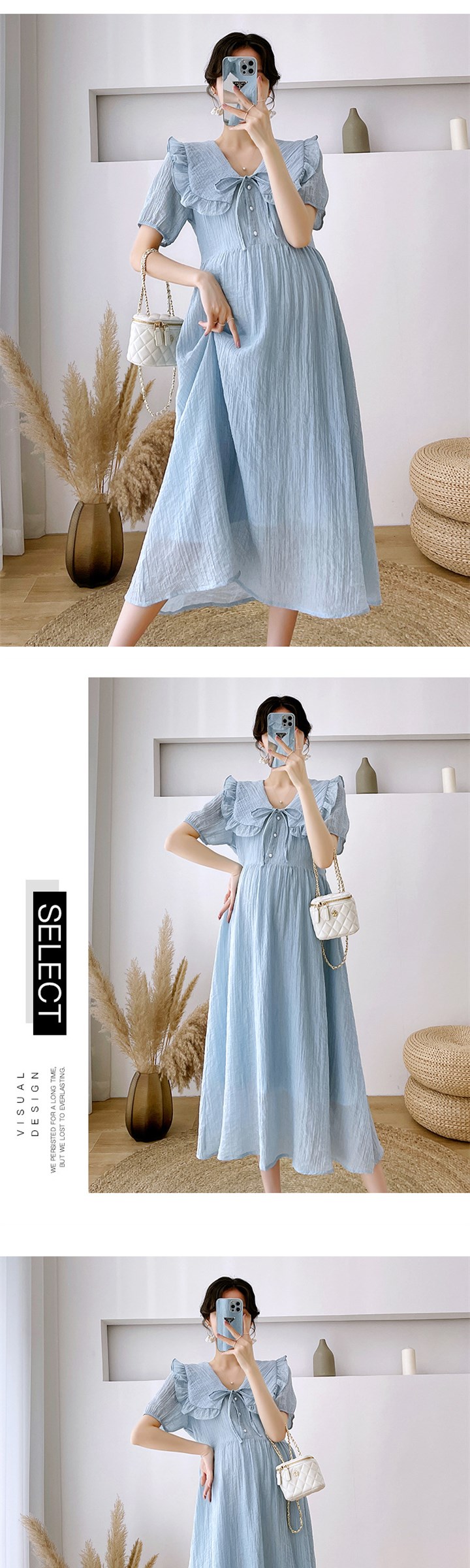 French Lacing Peter Pan Collar Maternity Dresses Pregnancy S - 图2