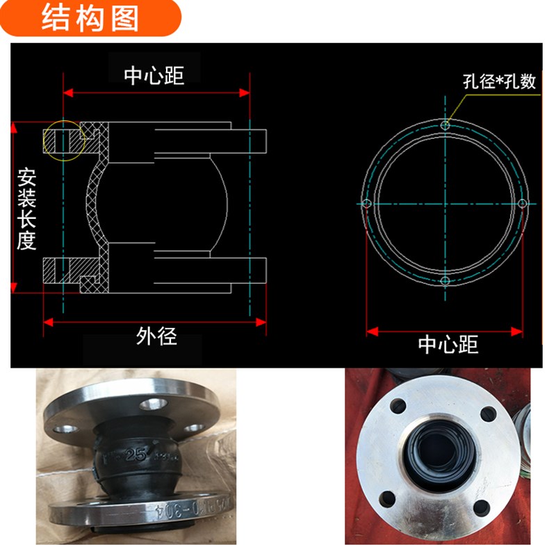 新品可曲挠橡胶接头法兰式橡胶软连节膨胀节避震喉水泵空调橡胶软-图1