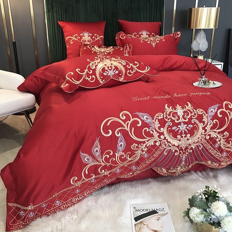 奢华欧式刺绣婚庆四件套被套全棉大红色结婚床单床上用品,淘宝优惠券,粉丝福利购,淘宝优惠卷