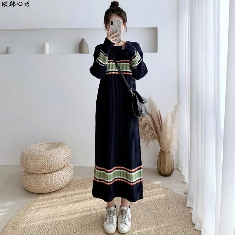 毛衣女秋冬外穿2025新款长款过膝宽松大码显瘦条纹圆领针织连衣裙,淘宝优惠券,粉丝福利购,淘宝优惠卷