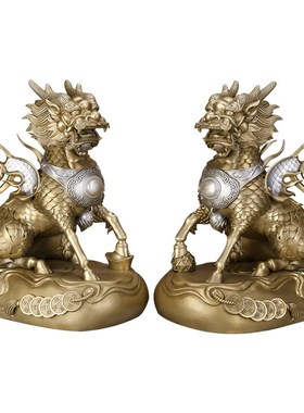全黄铜麒麟摆件一对瑞兽家居客厅门口装饰店铺高端开业礼品铜制