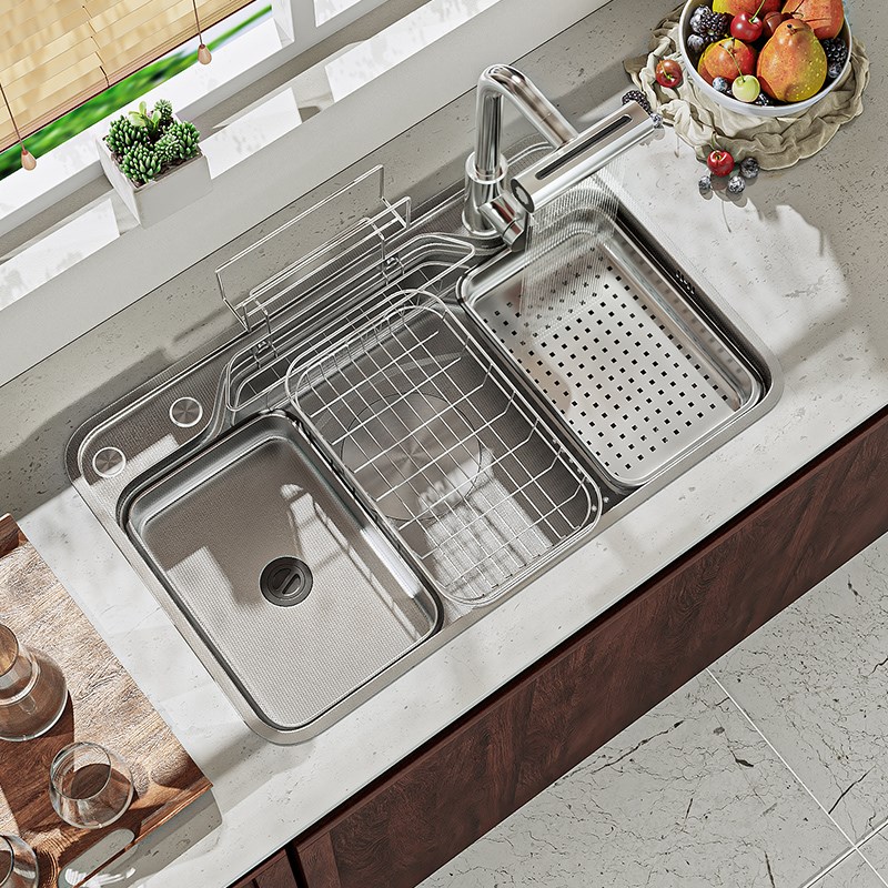 青菜家日式3D压纹大单槽304不锈钢厨房水槽飞雨洗菜盆洗碗盆家用 - 图0