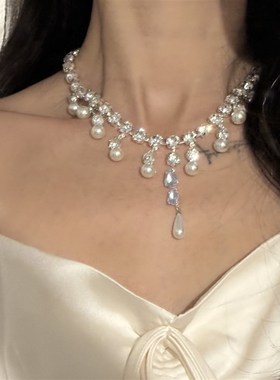 圆形水滴锆石镶钻珍珠项q链法式轻奢风气质锁骨链礼服时尚项饰