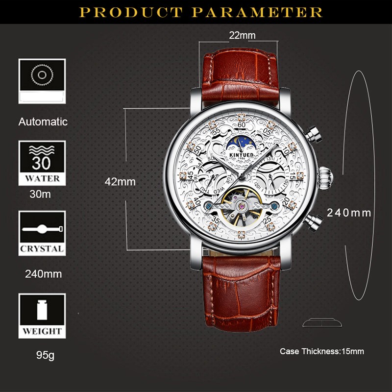 KINYUED Skeleton Automatic Watch Men Sun Moon Phase Waterpr - 图1