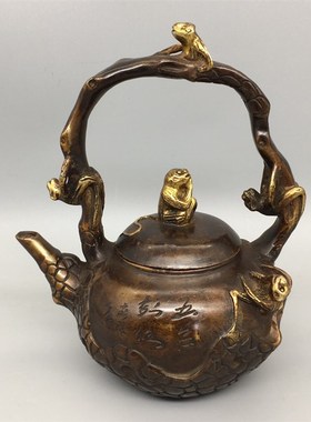 仿古纯铜猴子提梁壶摆件五猴提壶水壶鎏金工艺纯铜摆件酒壶工艺品