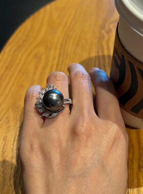 天然贝珠戒指仿大溪地D黑珍珠戒指奢华戒指