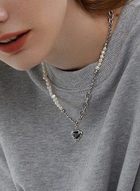 甜酷时髦休闲链条珍珠爱心项链女黑色中性拼接毛衣链2024年新款潮